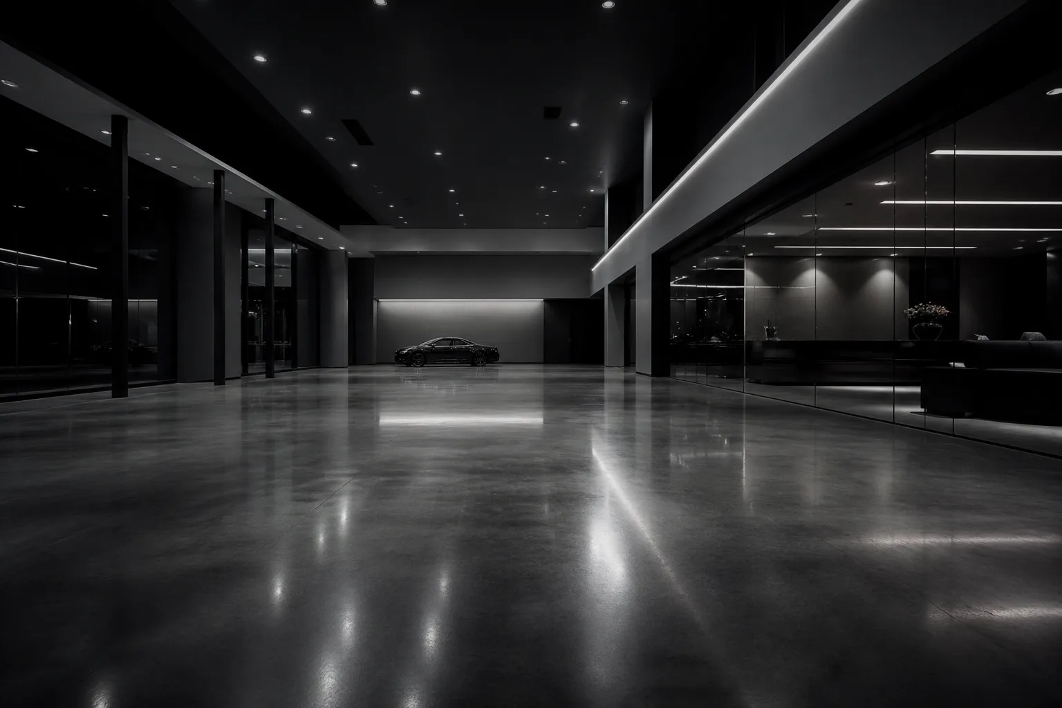 Empty modern dealership showroom with a distant car on polished floor