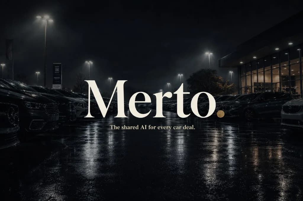 Merto wordmark over a night dealership lot