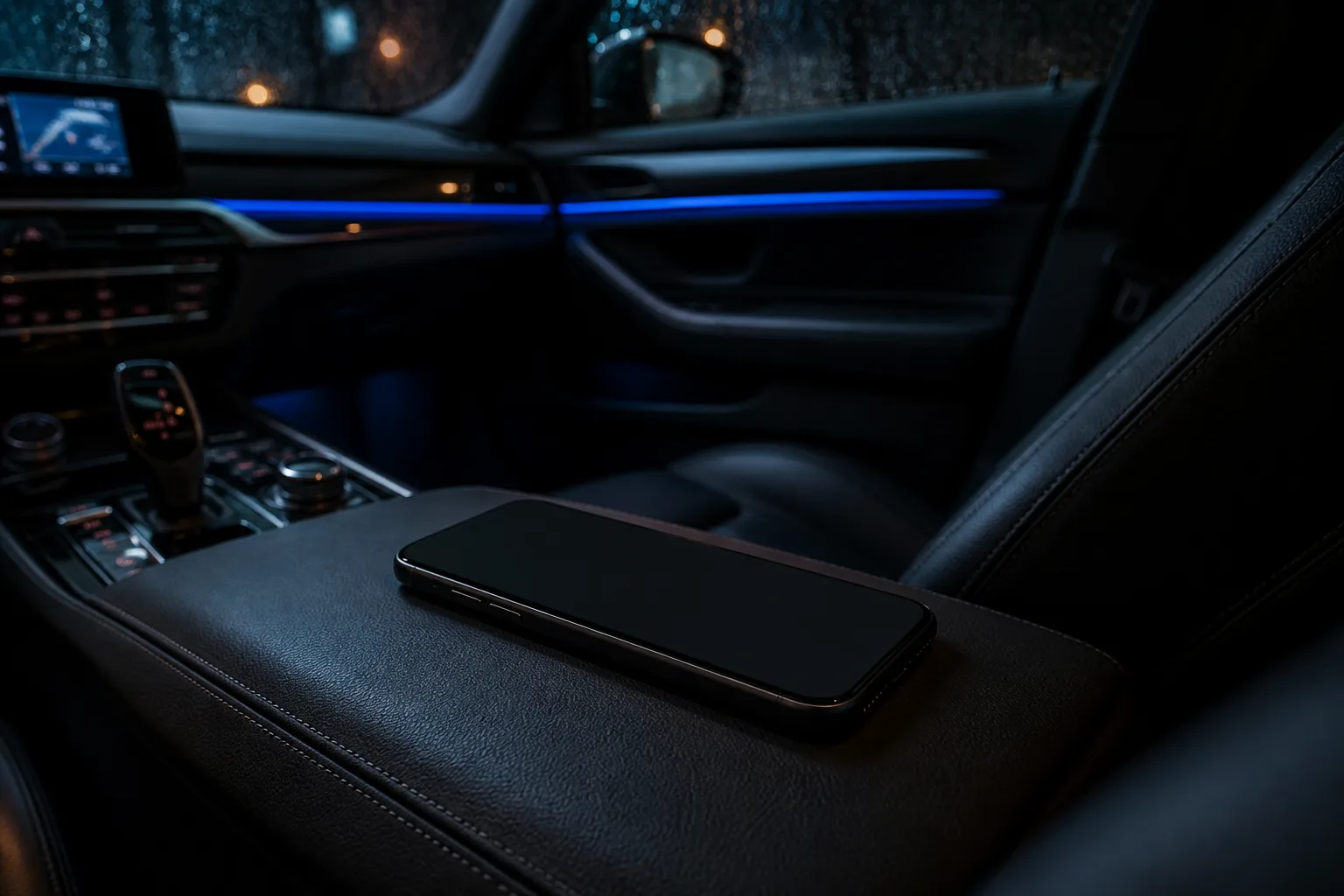 Phone face-down on a dark car console in a softly lit empty cabin