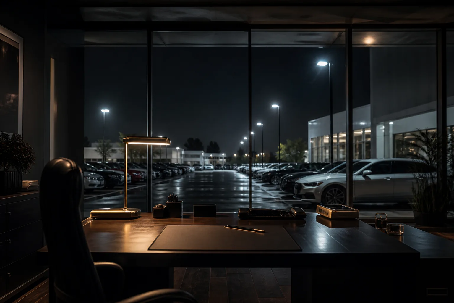 Empty glass sales office at night looking out onto a lit dealership lot