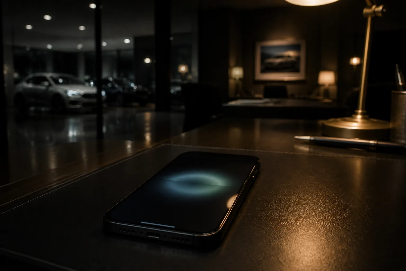 Phone on a dark dealership desk with a soft incoming-call glow