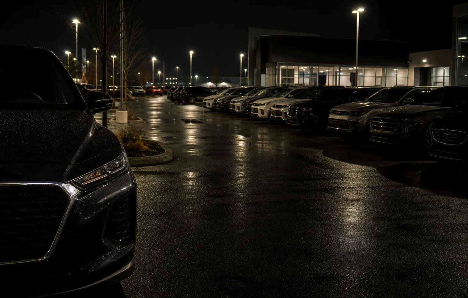 Night dealership lot with cars under soft lights on wet asphalt