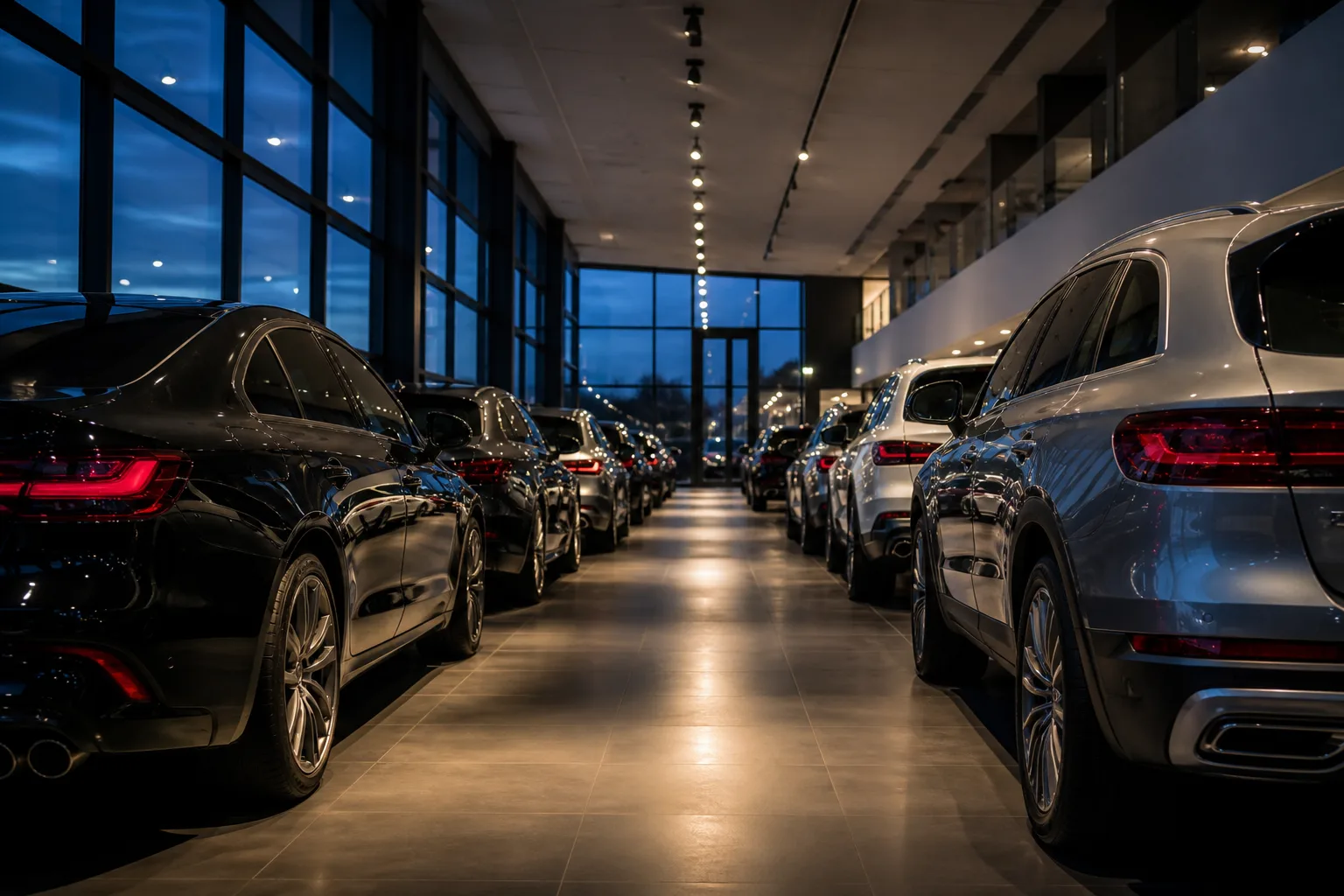 Cars lined along a lit dealership showroom aisle on polished floor