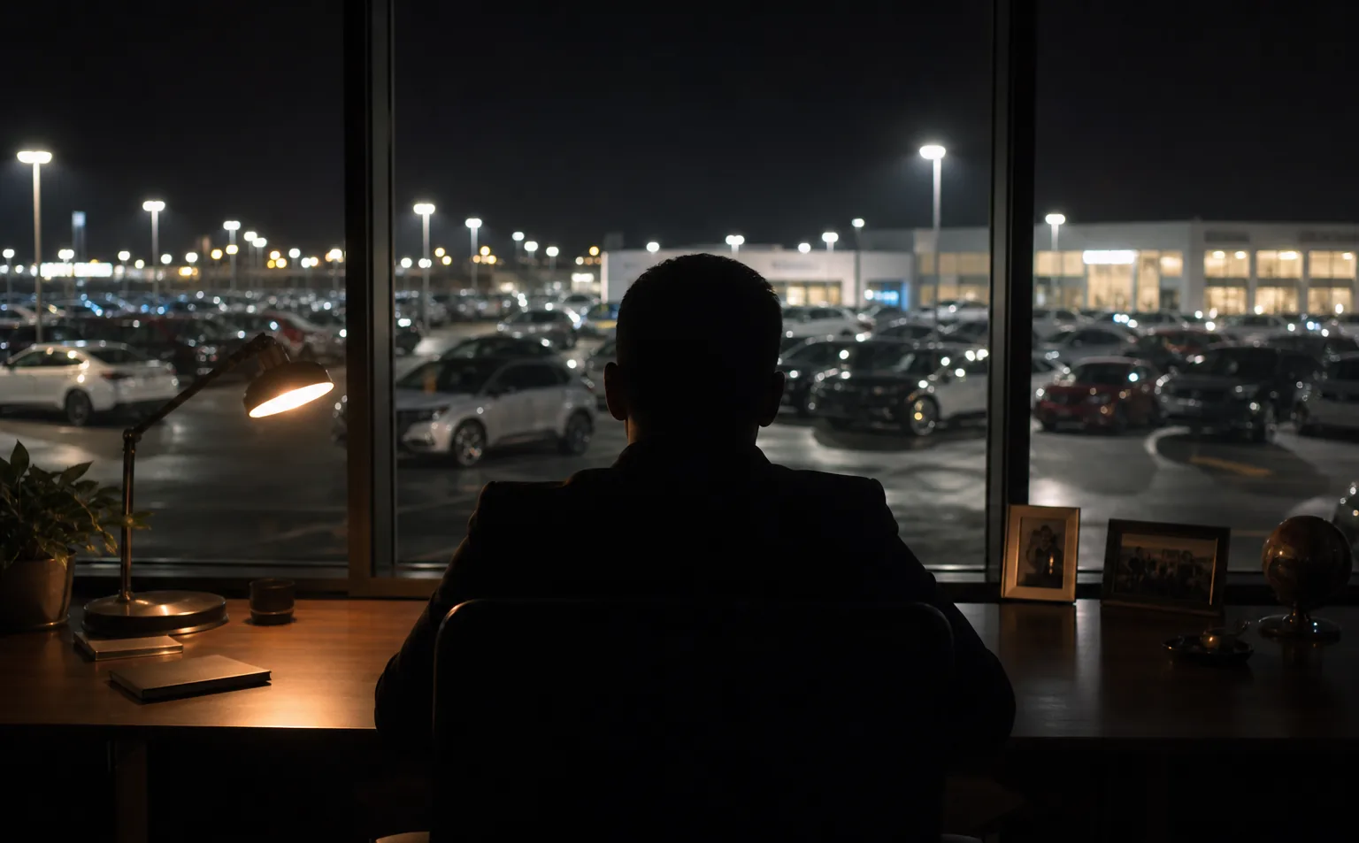 Someone at a dealership desk from behind looking out at the night lot