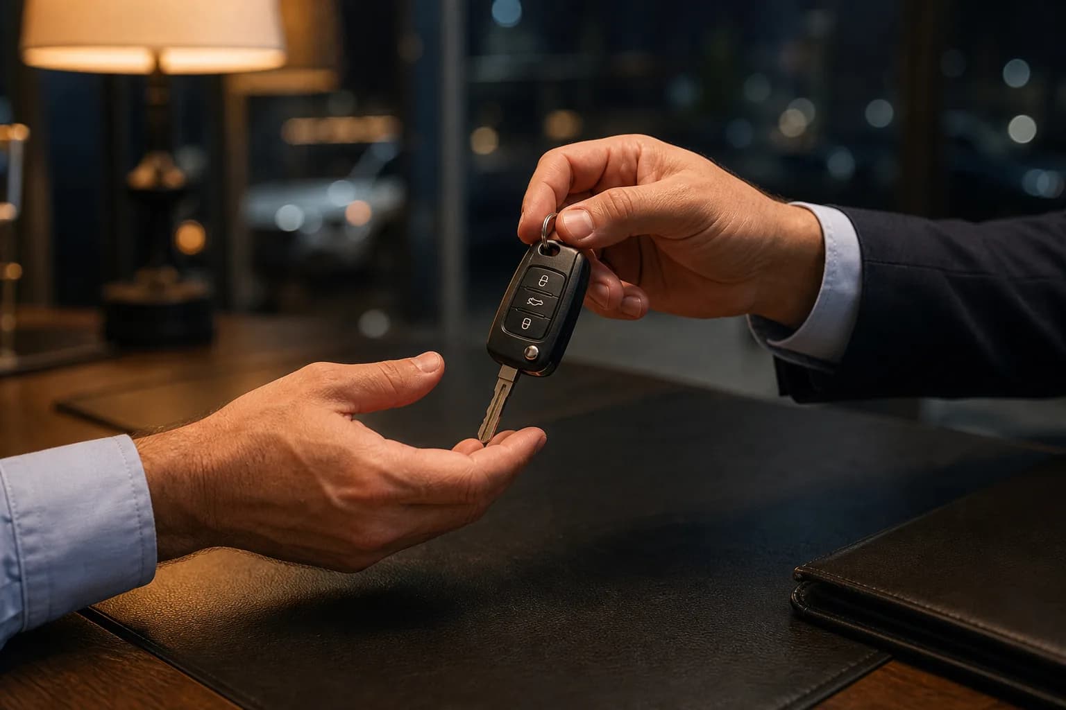Two hands exchanging car keys over a dark desk