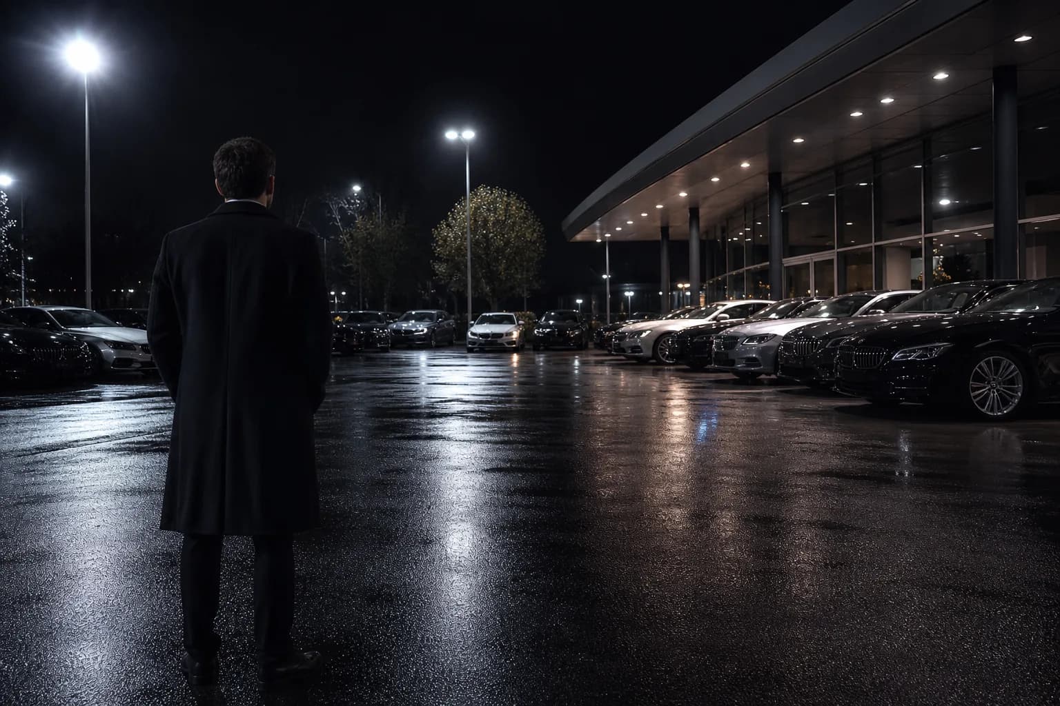 A salesperson seen from behind looking across a lit dealership lot at night