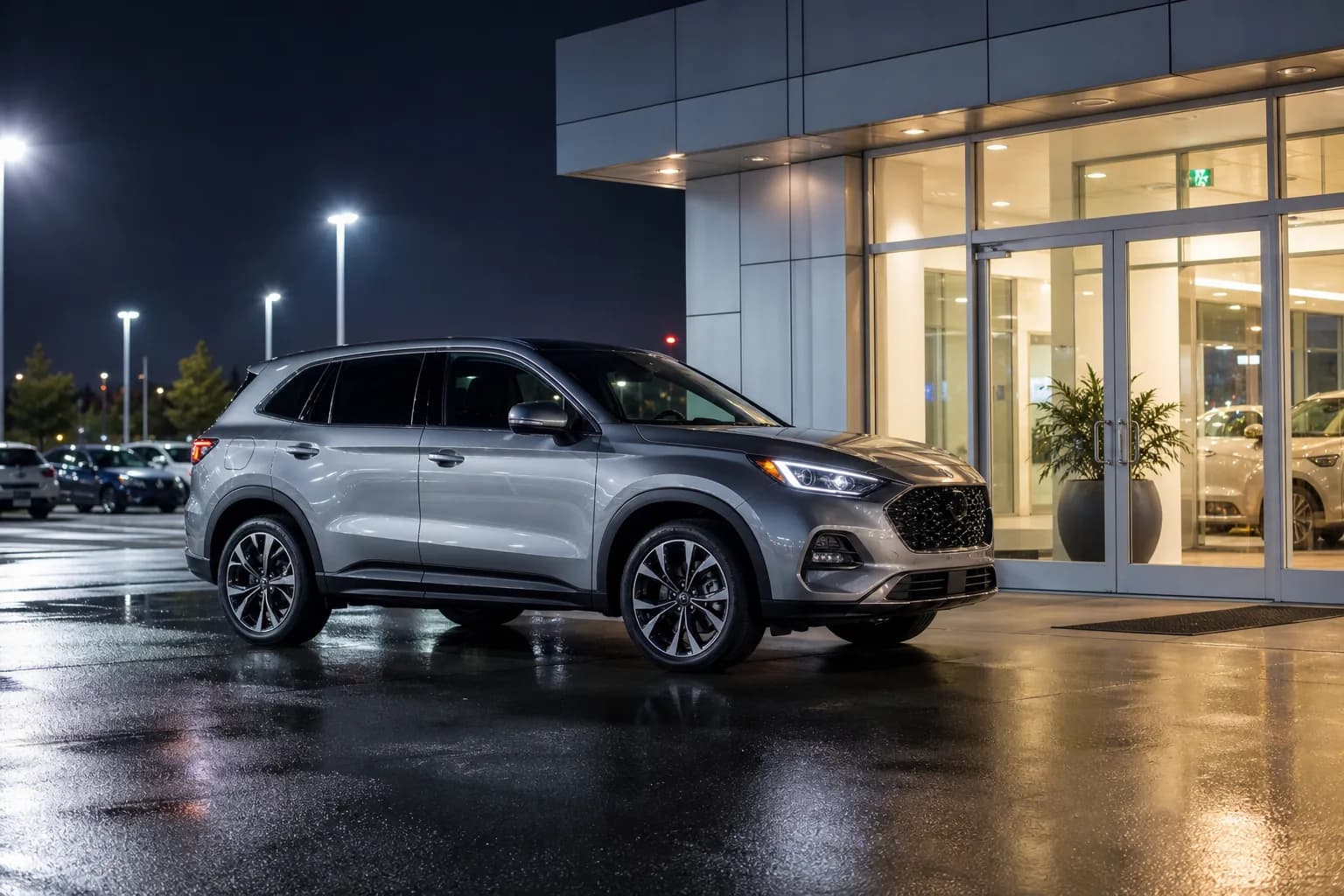 A grey SUV under lot lights near a lit dealership entrance at night