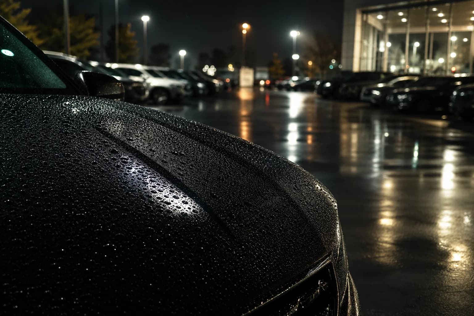 Rows of cars under lights on a dealership lot at night