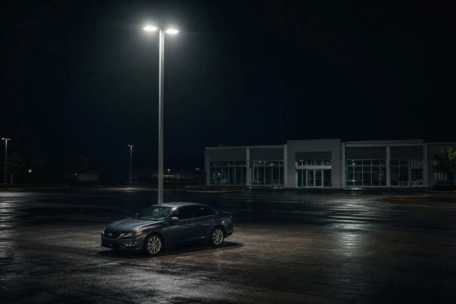 A lone car parked under a single lot light on an empty dealership lot at night