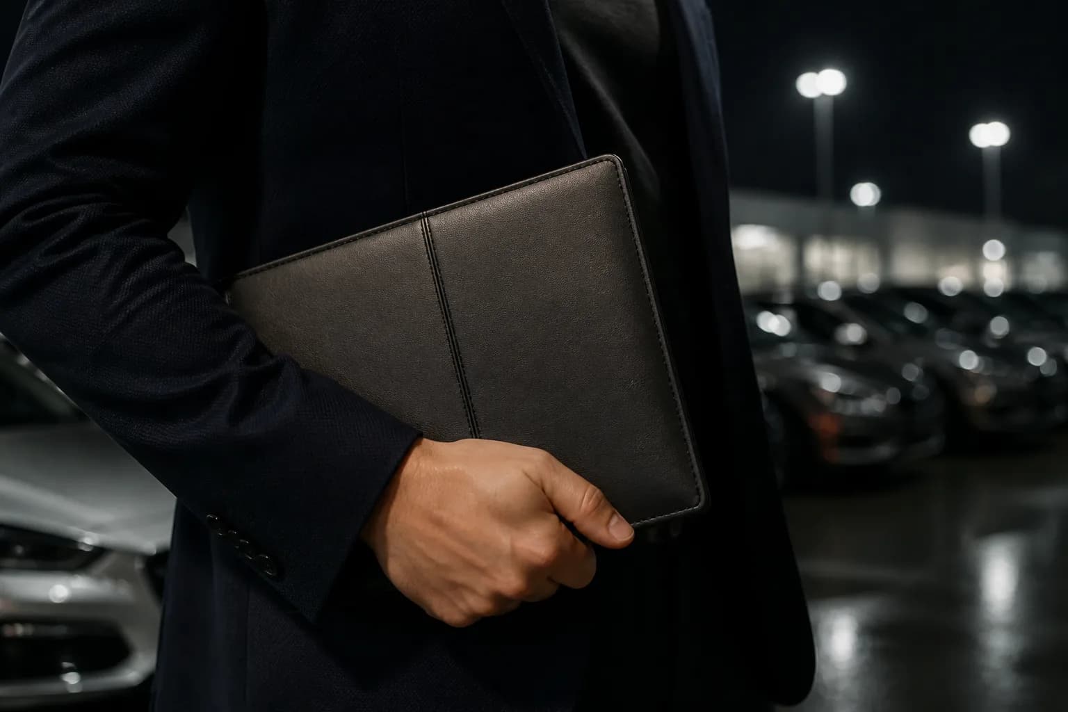A hand holding a deal folder against a dark jacket with the night lot behind