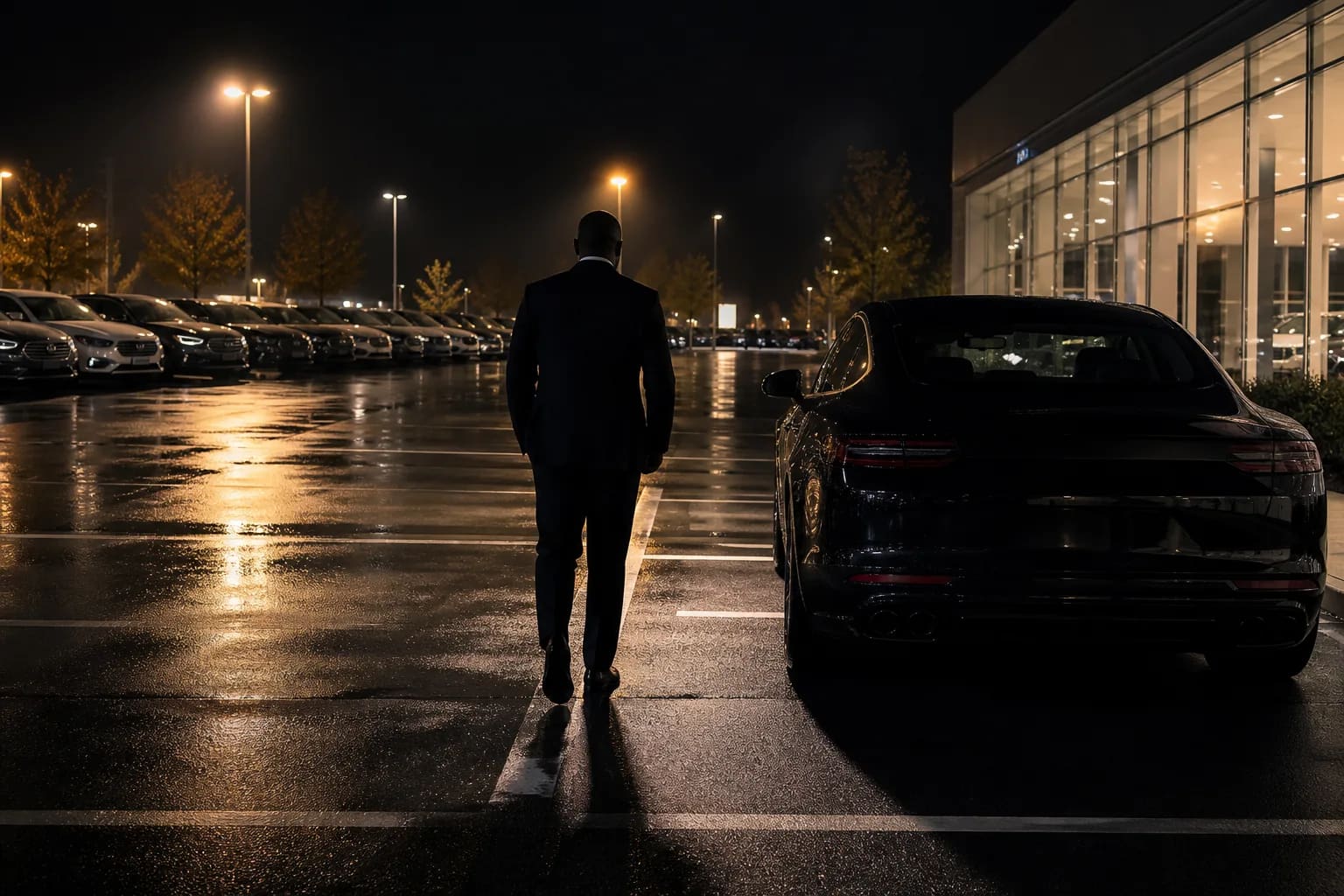 A second salesperson silhouette stepping into an empty night-lot stall