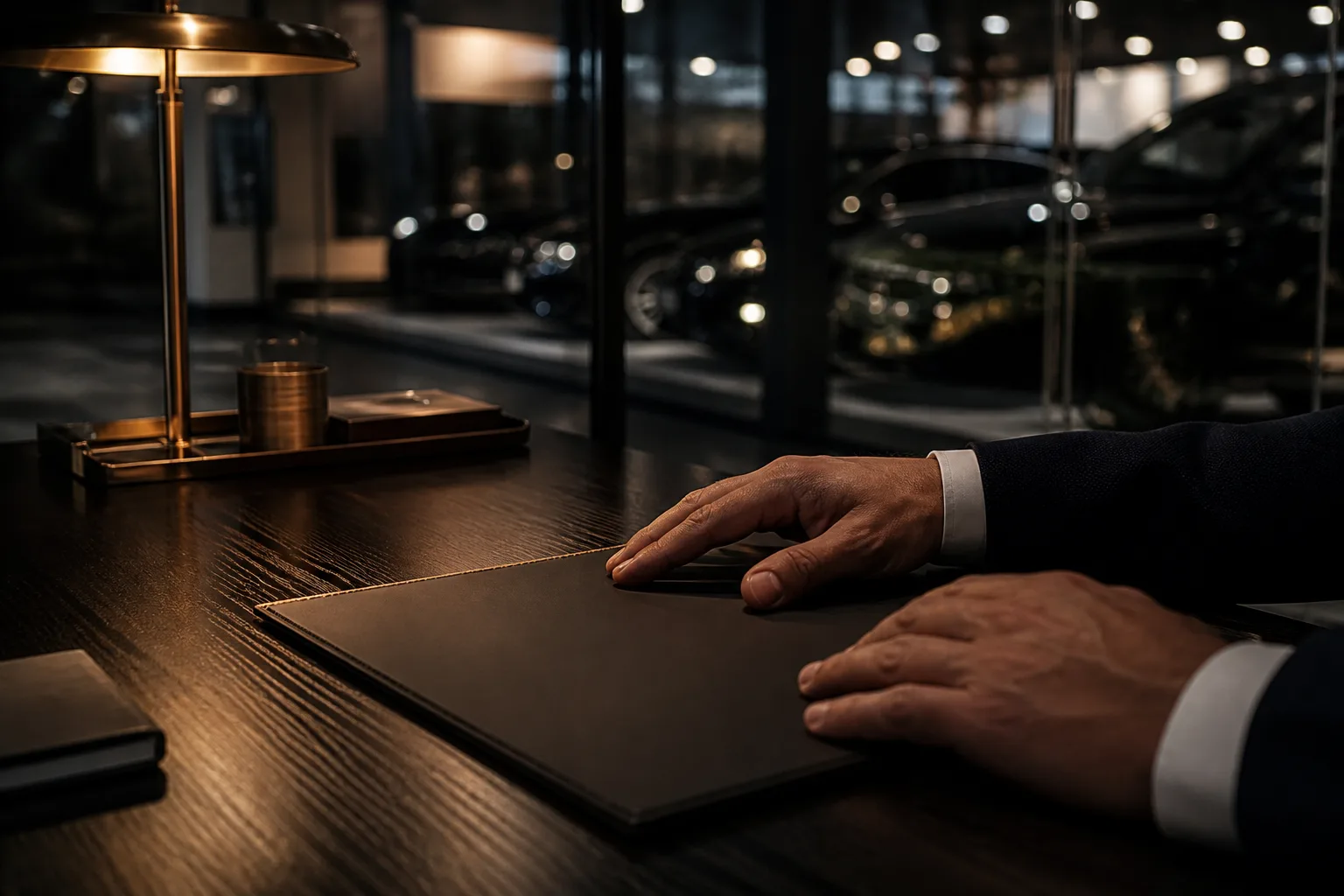 Hands resting on a deal folder at a dark F&I desk with showroom glow beyond