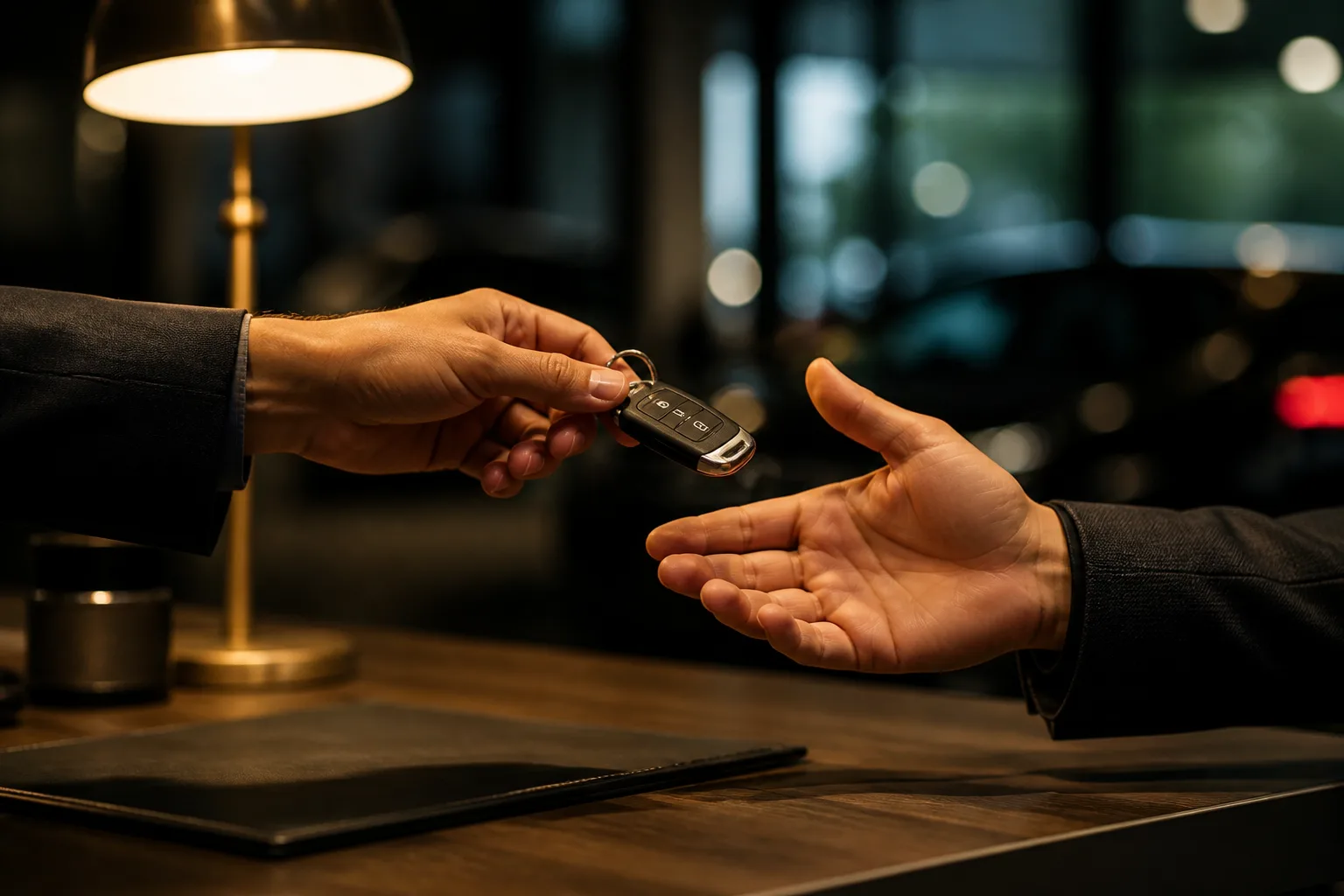 Two hands exchanging car keys over a dark dealership desk