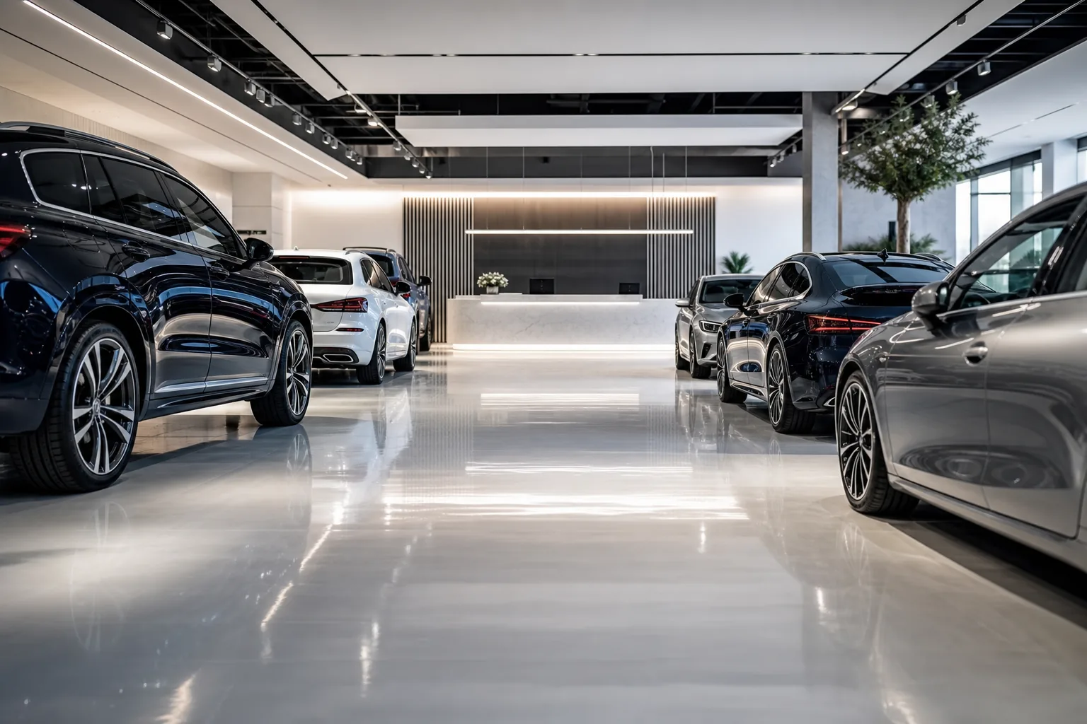 Cars lined under bright lights on a dealership showroom floor