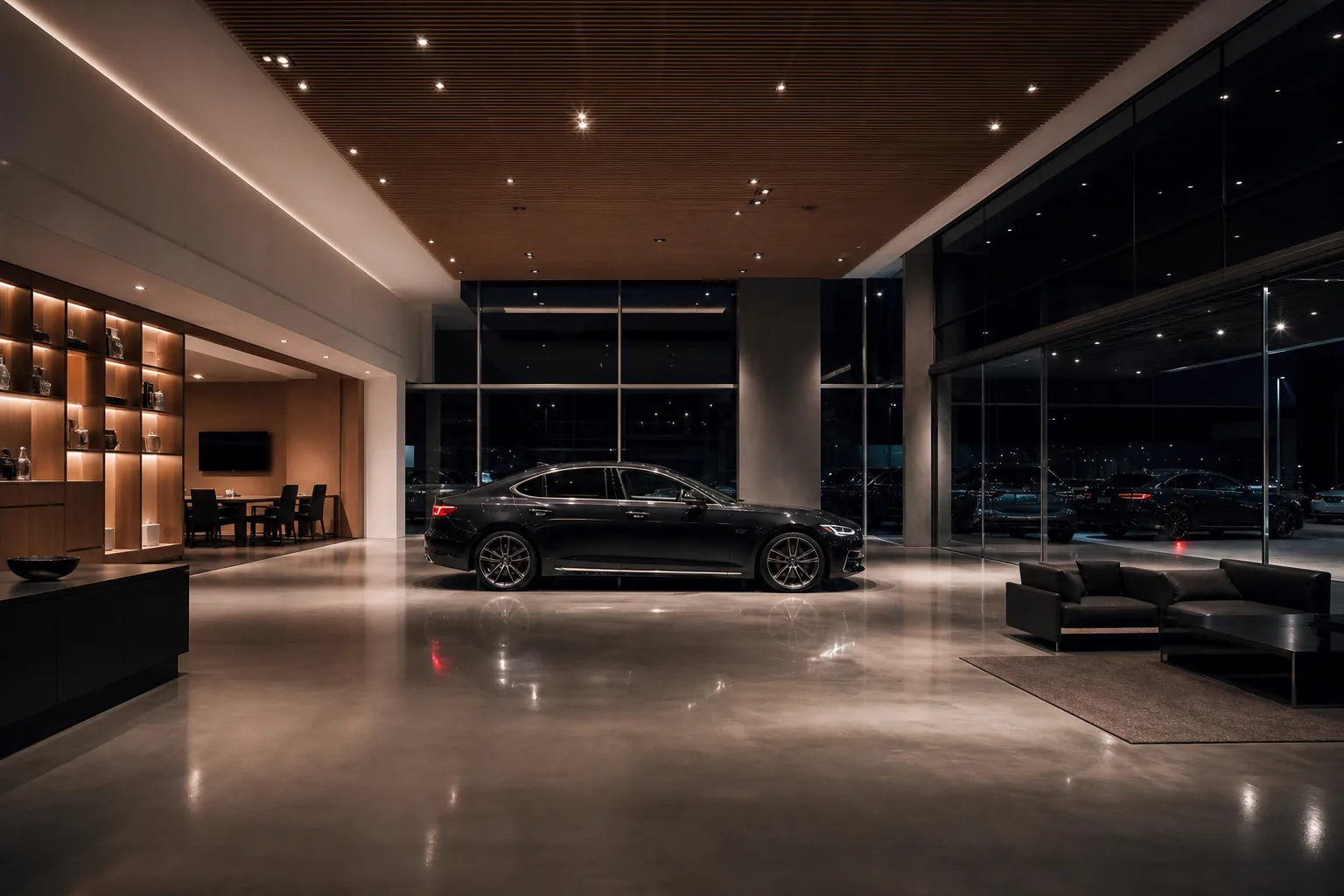 Empty modern dealership showroom with a car on a polished floor