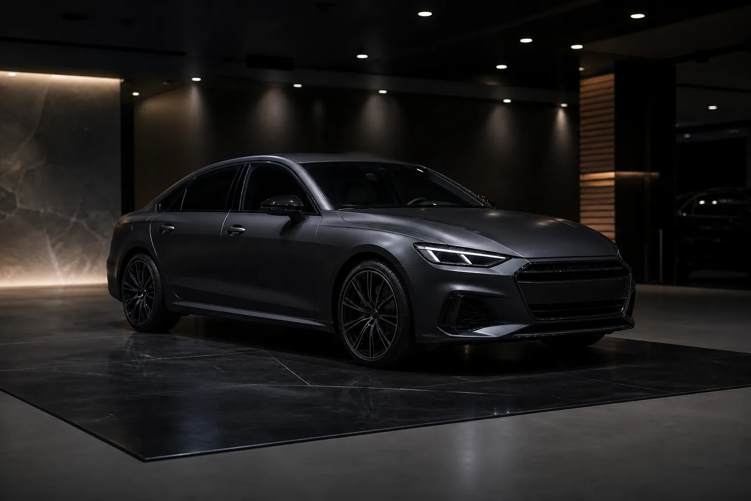 Charcoal sedan on a dark polished showroom pad
