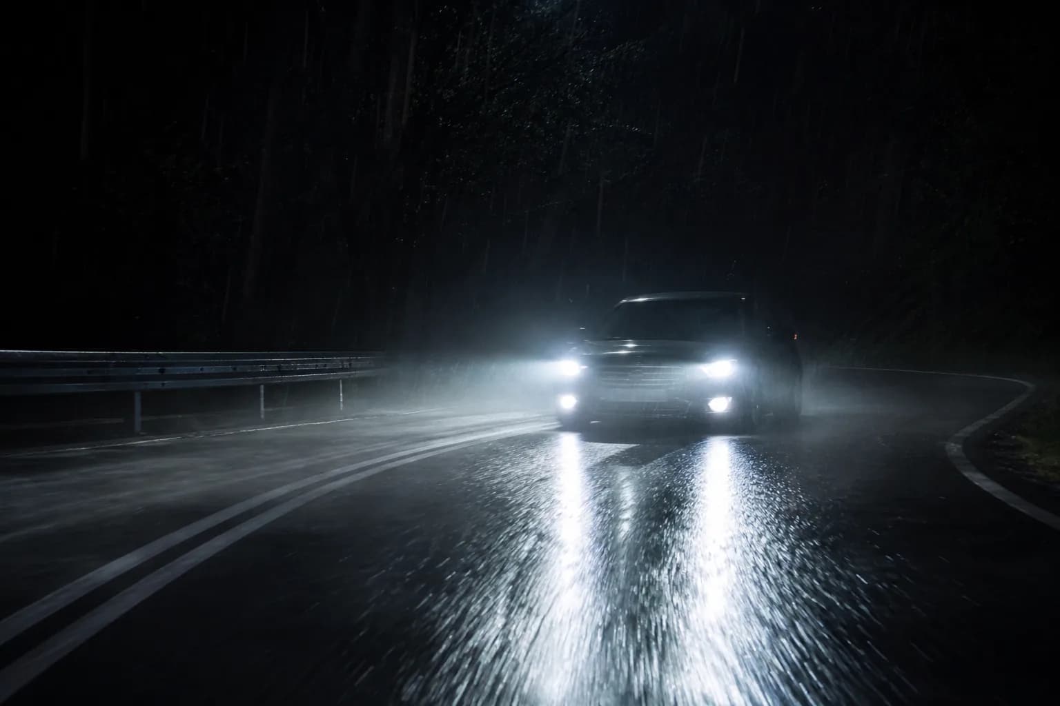 Car headlights on a wet night road