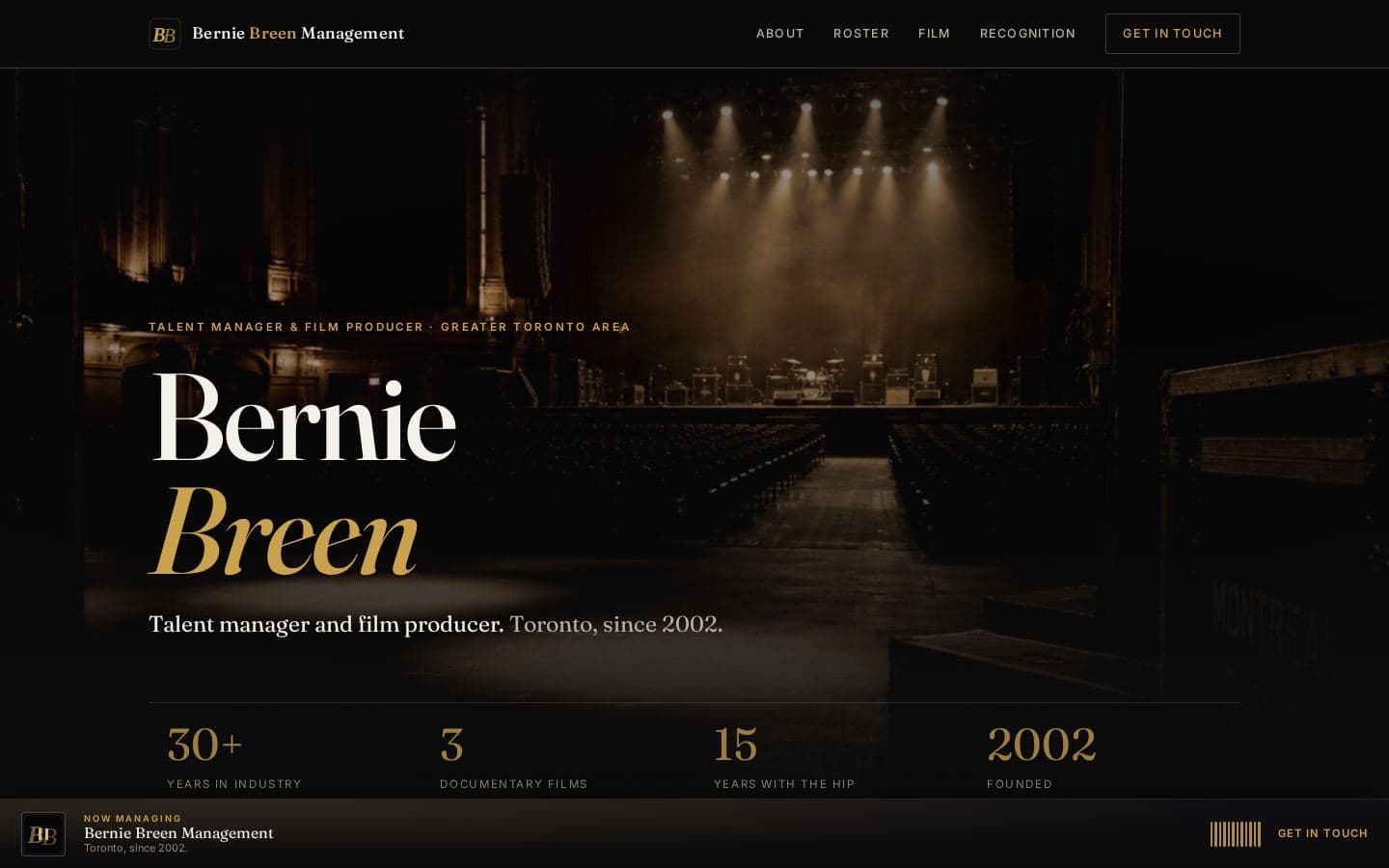 Desktop home page of the Bernie Breen Management website with a dark editorial layout for the Toronto artist manager