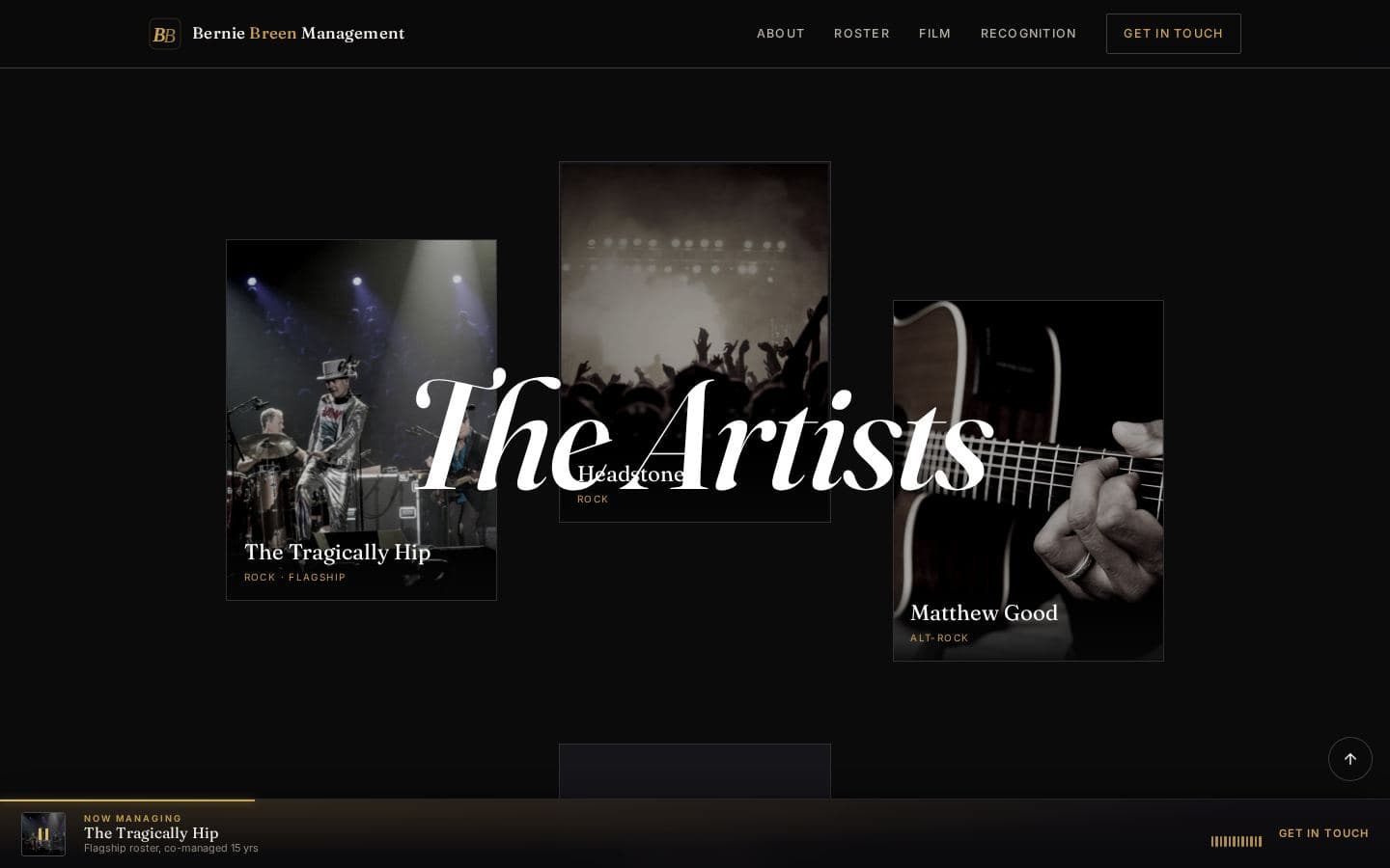 Desktop mid-scroll view of the artist manager website showing roster portraits and career highlights for Bernie Breen