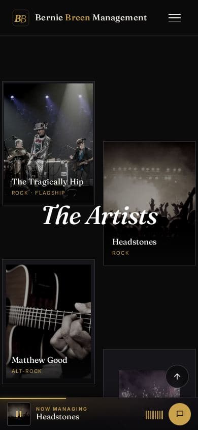 Mid-scroll view of the artist manager website on mobile showing the scroll portrait wall of artists Bernie Breen has managed