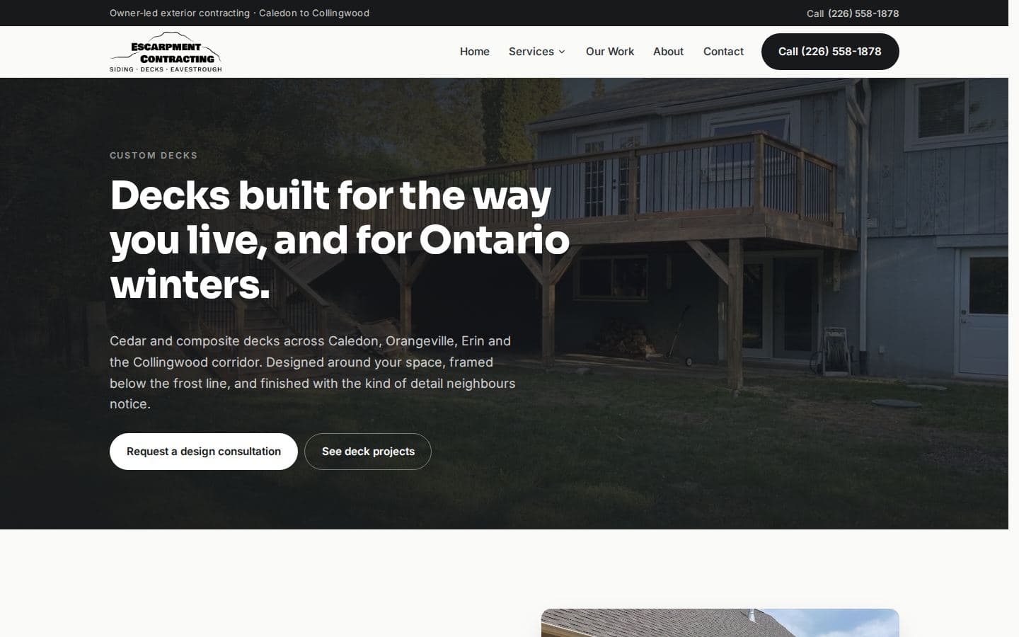 Desktop custom deck builder page with Service and FAQ schema targeting deck queries from Caledon to Collingwood