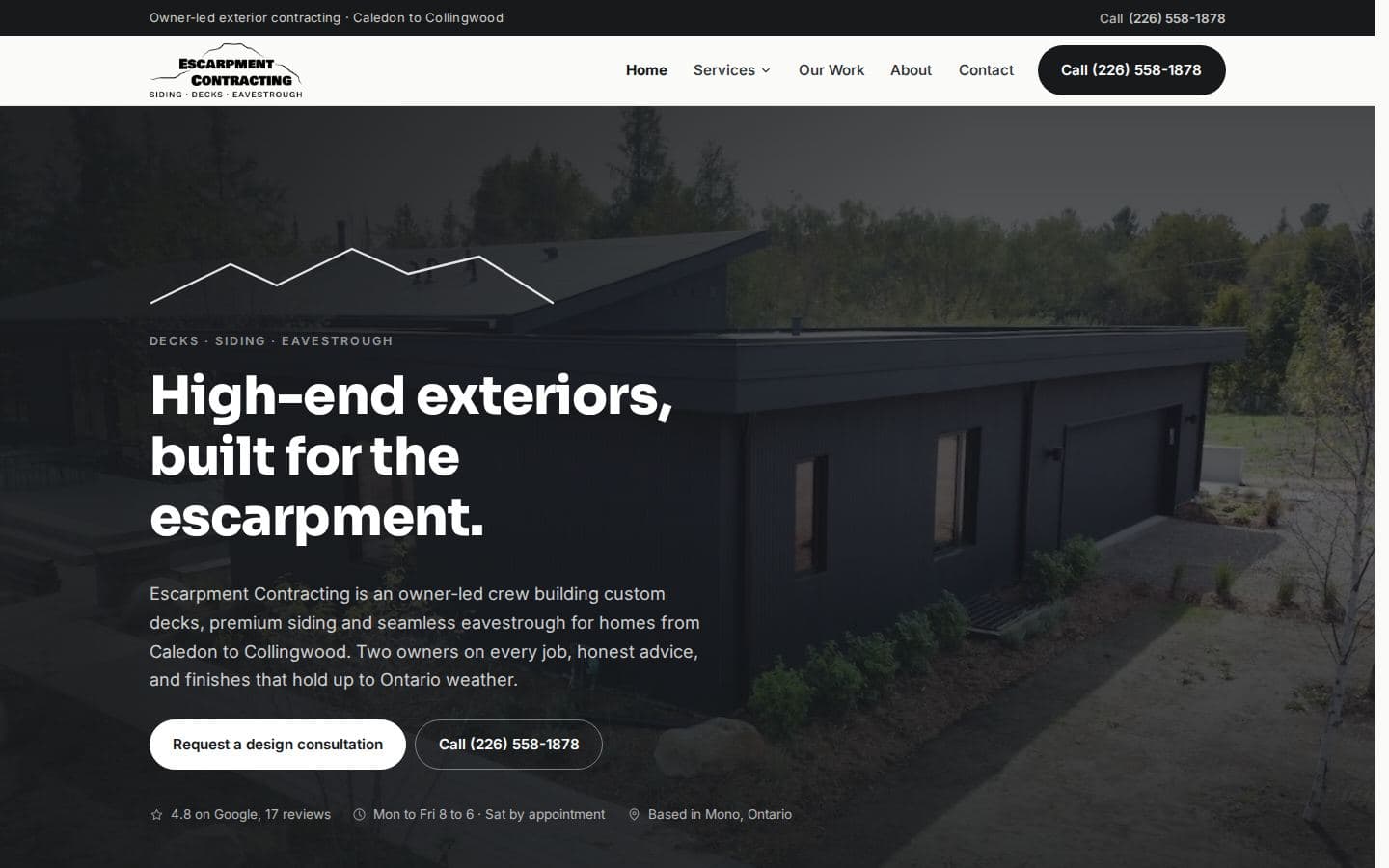 Desktop home page of the Escarpment Contracting website showing deck and siding photography from Caledon to Collingwood