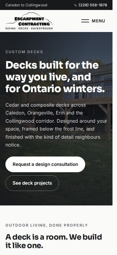 Mobile deck builder page of the contractor website design with project photos and a consultation call to action