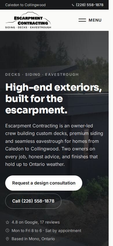 Mobile home page of the contractor website design for Escarpment Contracting, decks, siding, and eavestrough in Mono, Ontario