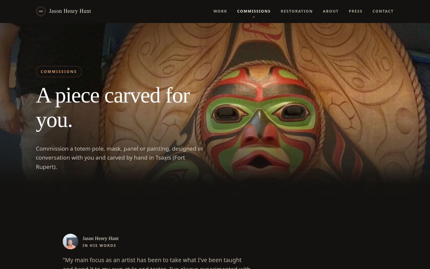 Desktop commissions page of the artist website with the commission process and past large-scale carving work