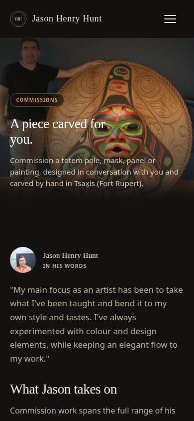 Mobile commissions page of the artist website design explaining how to commission a totem pole, mask, or panel