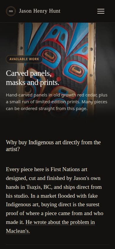 Mobile work page of the artist website design showing hand-carved cedar panels with prices in Canadian dollars