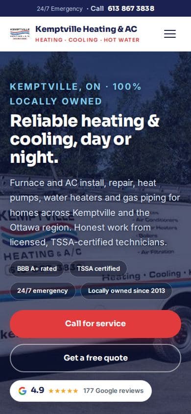 Mobile home page of the Kemptville Heating HVAC website design with a tap-to-call bar, Google rating, and TSSA and BBB badges