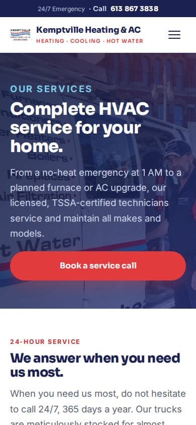 Mobile services page of the HVAC website design listing furnace, AC, heat pump, water heater, and gas piping services