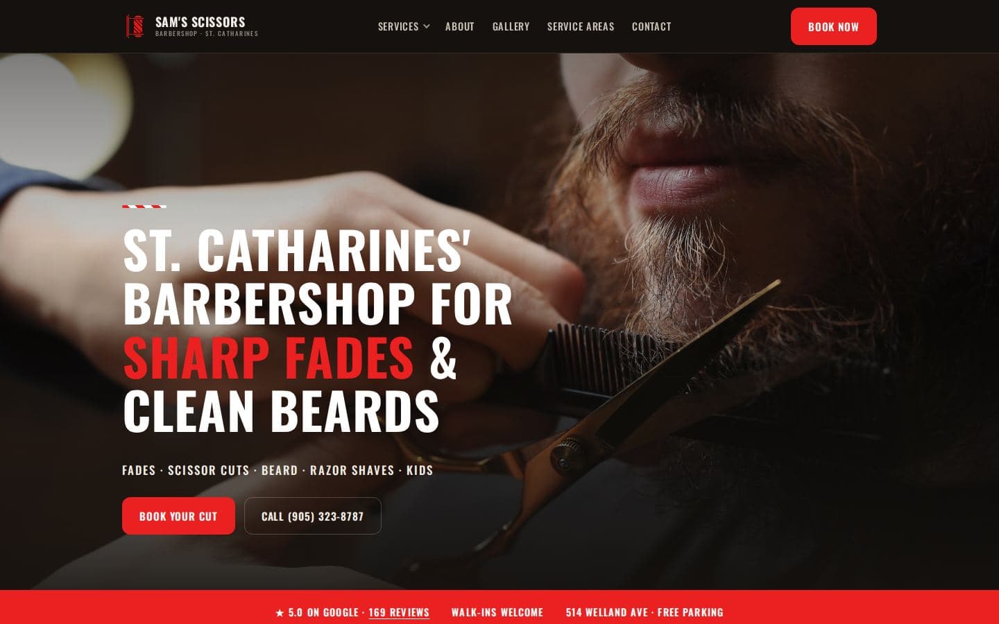 Desktop home page of the Sam's Scissors barbershop website showing the hero, the 5.0 Google rating, and the booking call to action