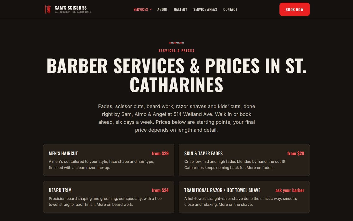 Desktop services page of the barbershop website design with fade, beard, shave, and kids' cut sections and clear starting prices