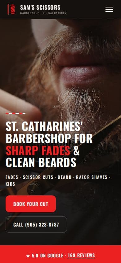 Mobile home page of the barbershop website design for Sam's Scissors, sharp fades and beard work in St. Catharines, Ontario