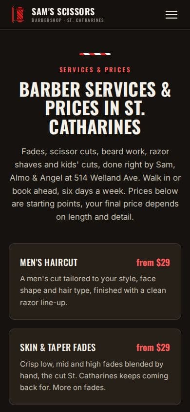 Mobile services page of the barbershop website design listing fades, beard trims, hot-towel shaves, and kids' cuts with prices