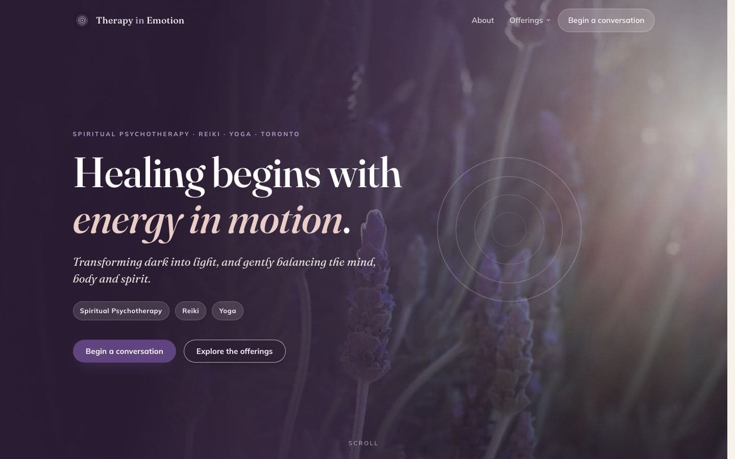 Desktop home page of the Therapy in Emotion website with a dark amethyst editorial layout for the Toronto wellness practice