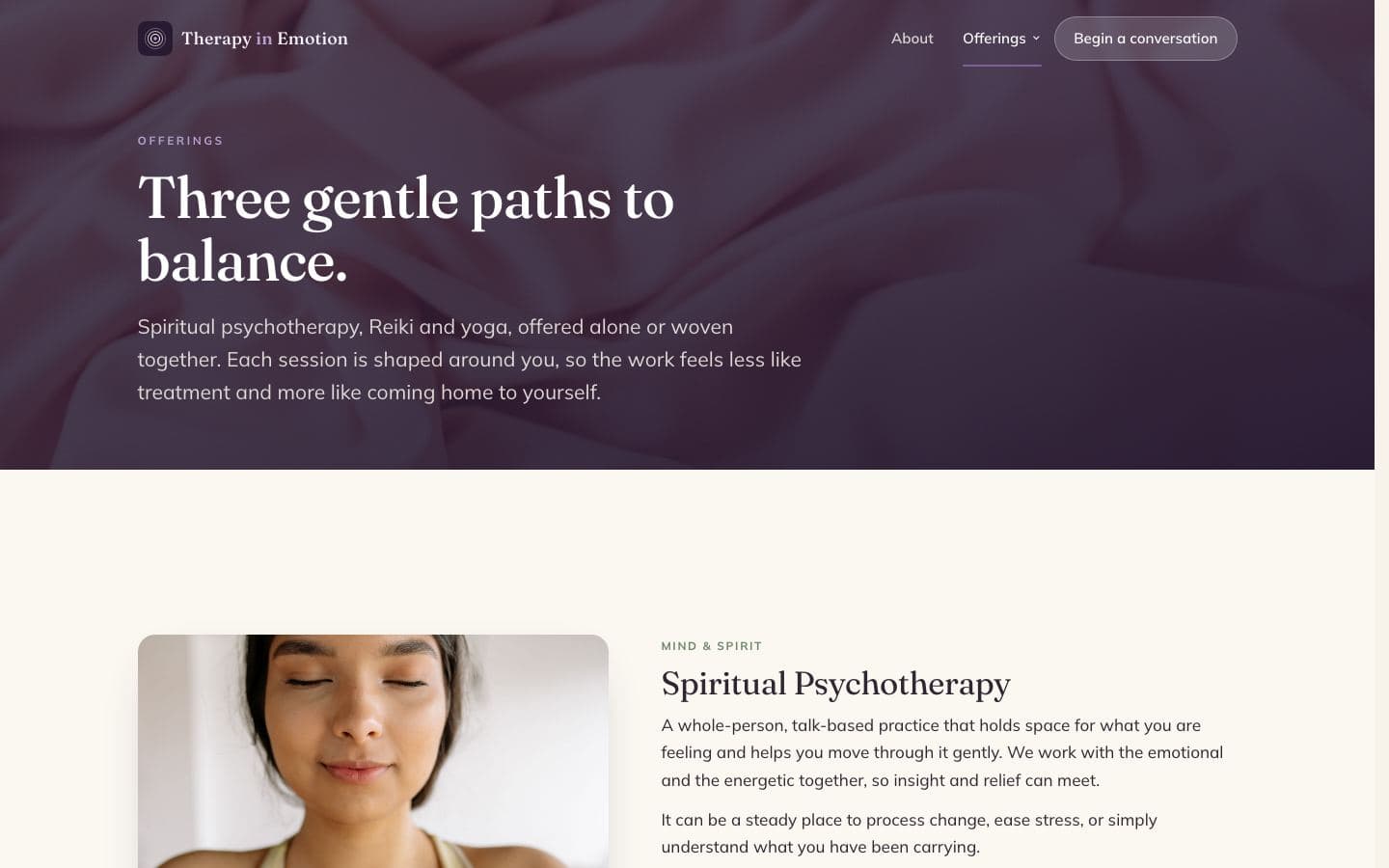 Desktop offerings page of the Therapy in Emotion website listing spiritual psychotherapy, Reiki, and gentle yoga in Toronto