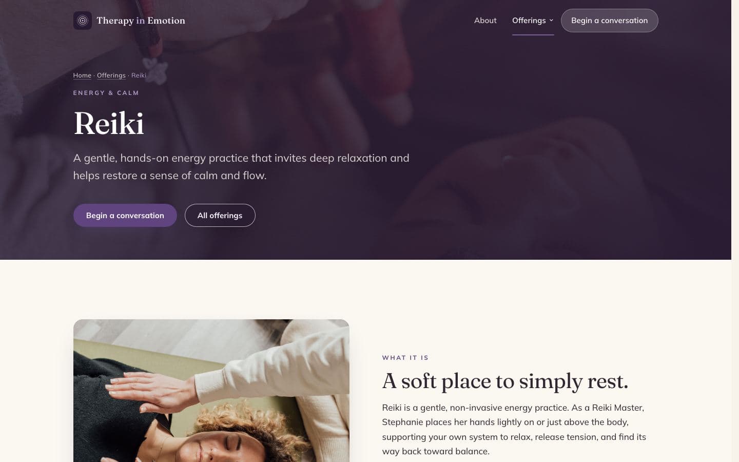 Desktop Reiki page of the Therapy in Emotion website describing gentle hands-on energy sessions with Stephanie Breen in Toronto