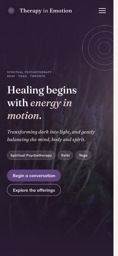 Mobile home page of the Therapy in Emotion website, the amethyst hero for a Toronto spiritual psychotherapy and Reiki practice
