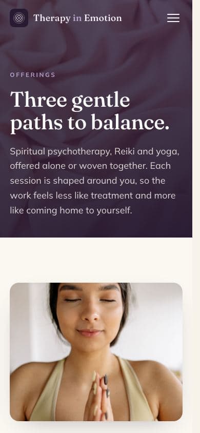 Mobile offerings page of the Therapy in Emotion website showing spiritual psychotherapy, Reiki, and yoga as three gentle paths