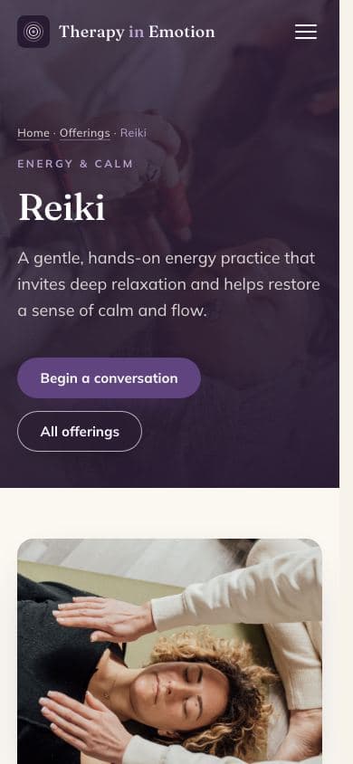 Mobile Reiki page of the Therapy in Emotion website describing a gentle hands-on energy session with Stephanie Breen in Toronto